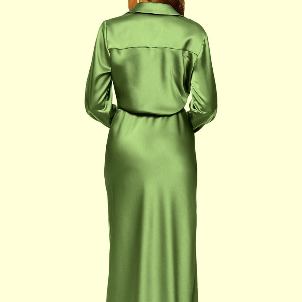 Xscape Olive Green Collar Long Sleeve Satin Gown Dress - Picture 5 of 6